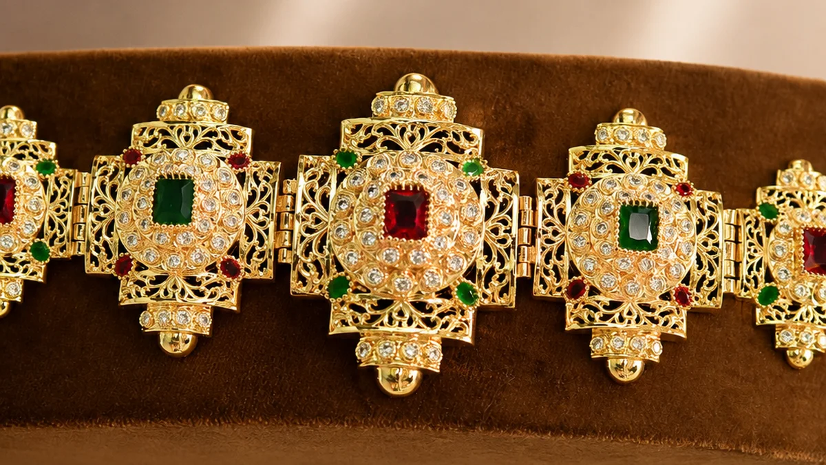 A gold heritage belt set with red and green stones