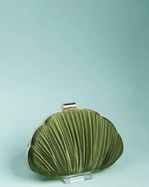 Pleated Satin Clutch, Olive