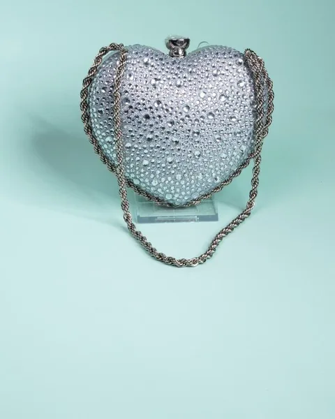 Crystal Heart Clutch with Chain, Silver