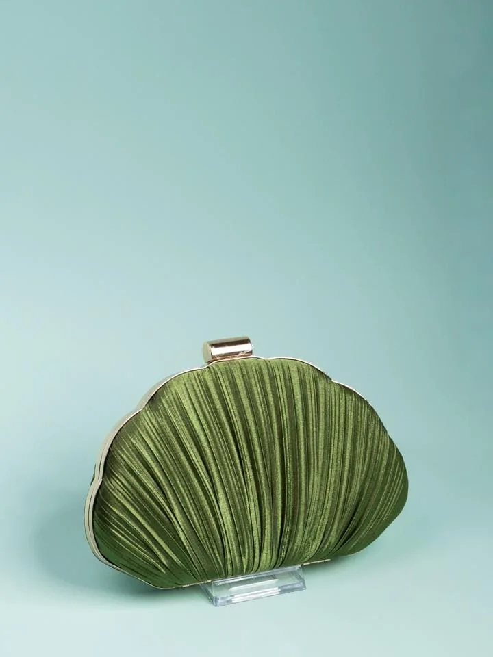 Pleated Satin Clutch, Olive