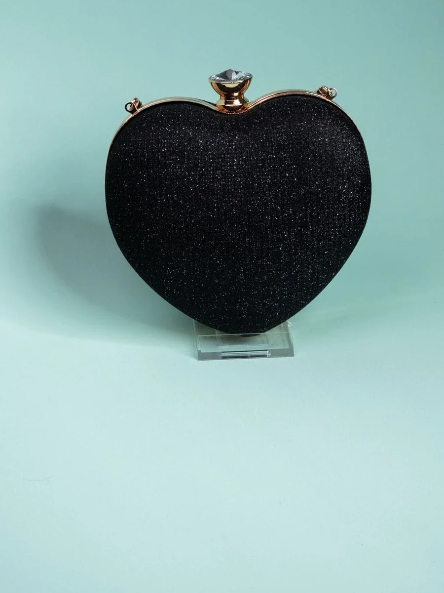 Glitter Heart Clutch, Black