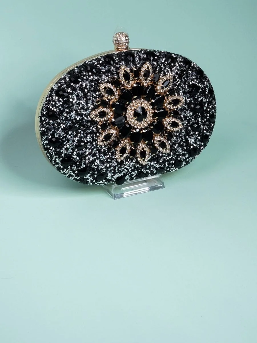 Embellished Oval Clutch, Black and Gold