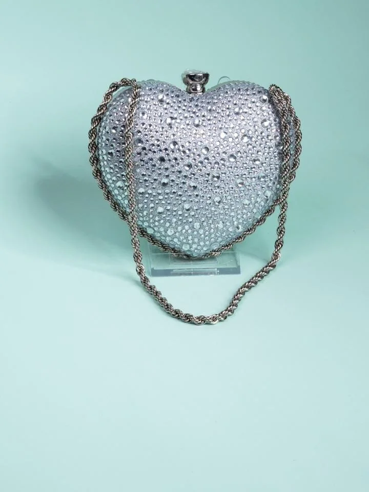 Crystal Heart Clutch with Chain, Silver