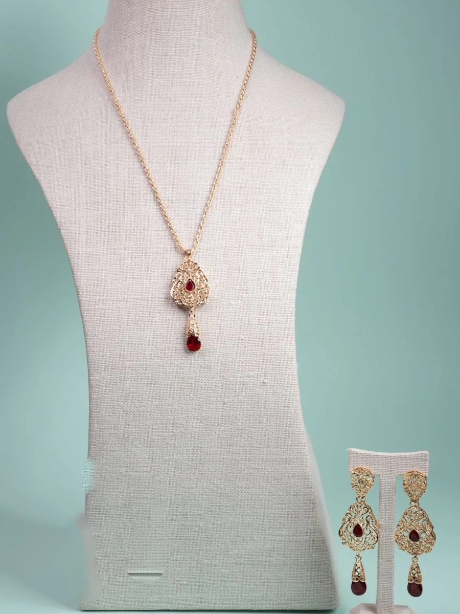 Pendant Set, Ruby Drop, Gold