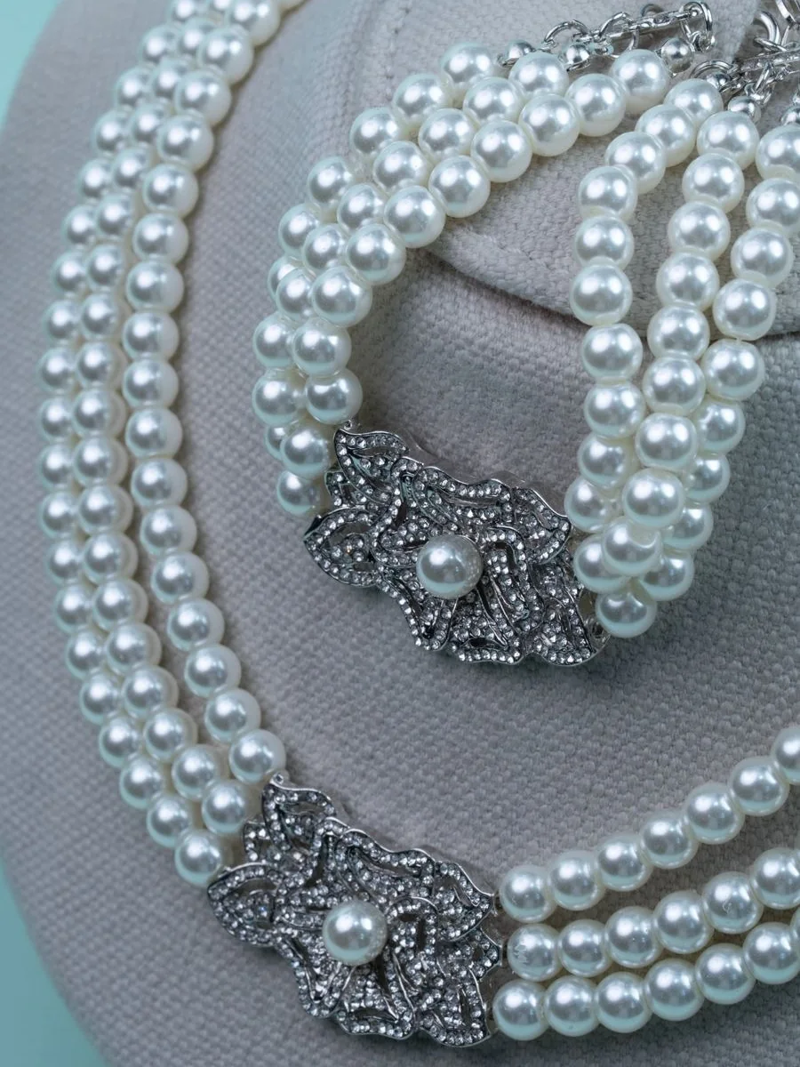 Pearl Necklace and Bracelet, Crystal Clasps