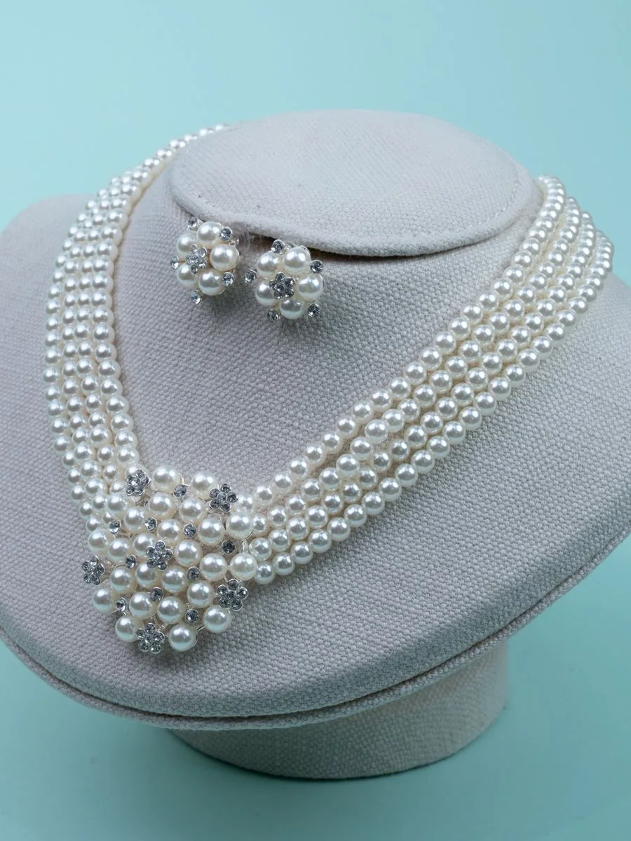 Pearl Multi-strand Set with Crystal Flower